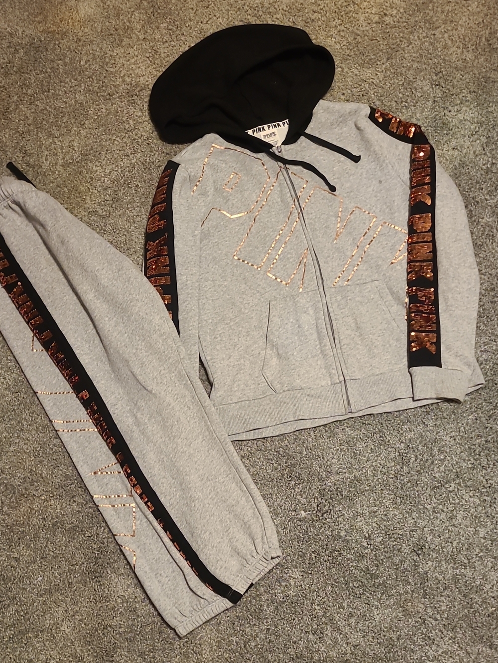 PINK Victoria's Secret Gray & Black Blinged FulZip Hoodie Set